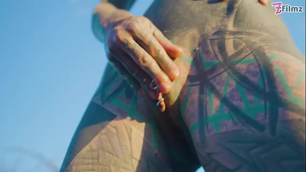 Alternative couple having wild outdoor sex in outdoor hotbath