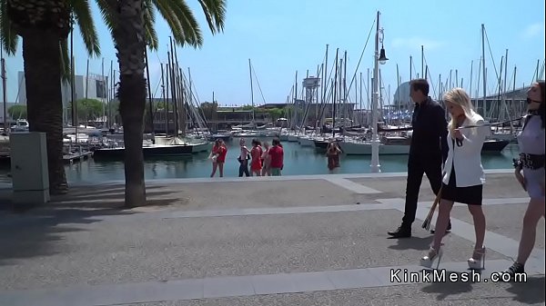 Brunette made to rimjob in public bar