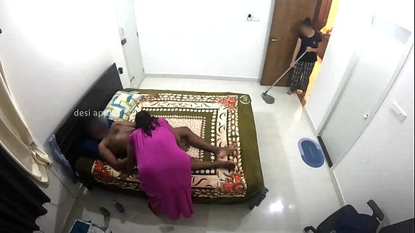 Having fun with husband while maid cleaning room